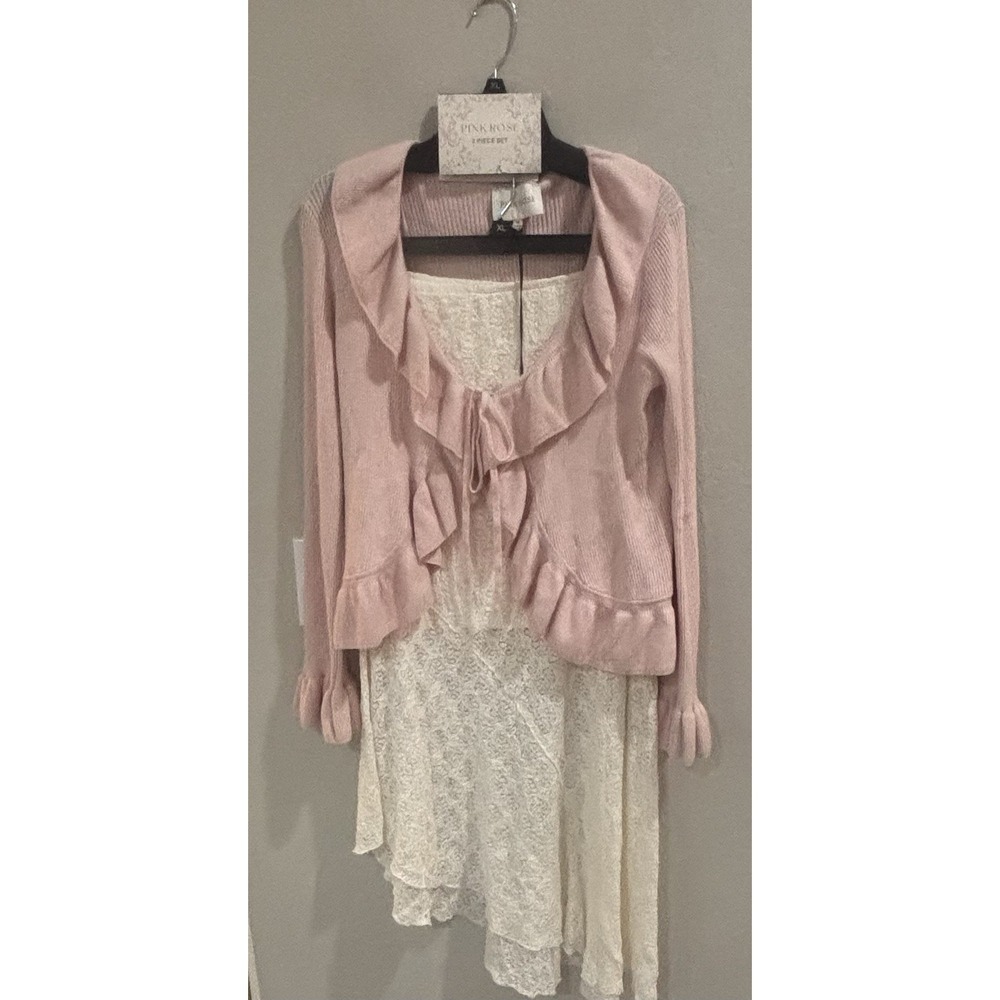 NWT Pink Rose 2 PC Set XL Lace Midi Skirt Ruffle Tie Shrug Cardigan Pink Ivory